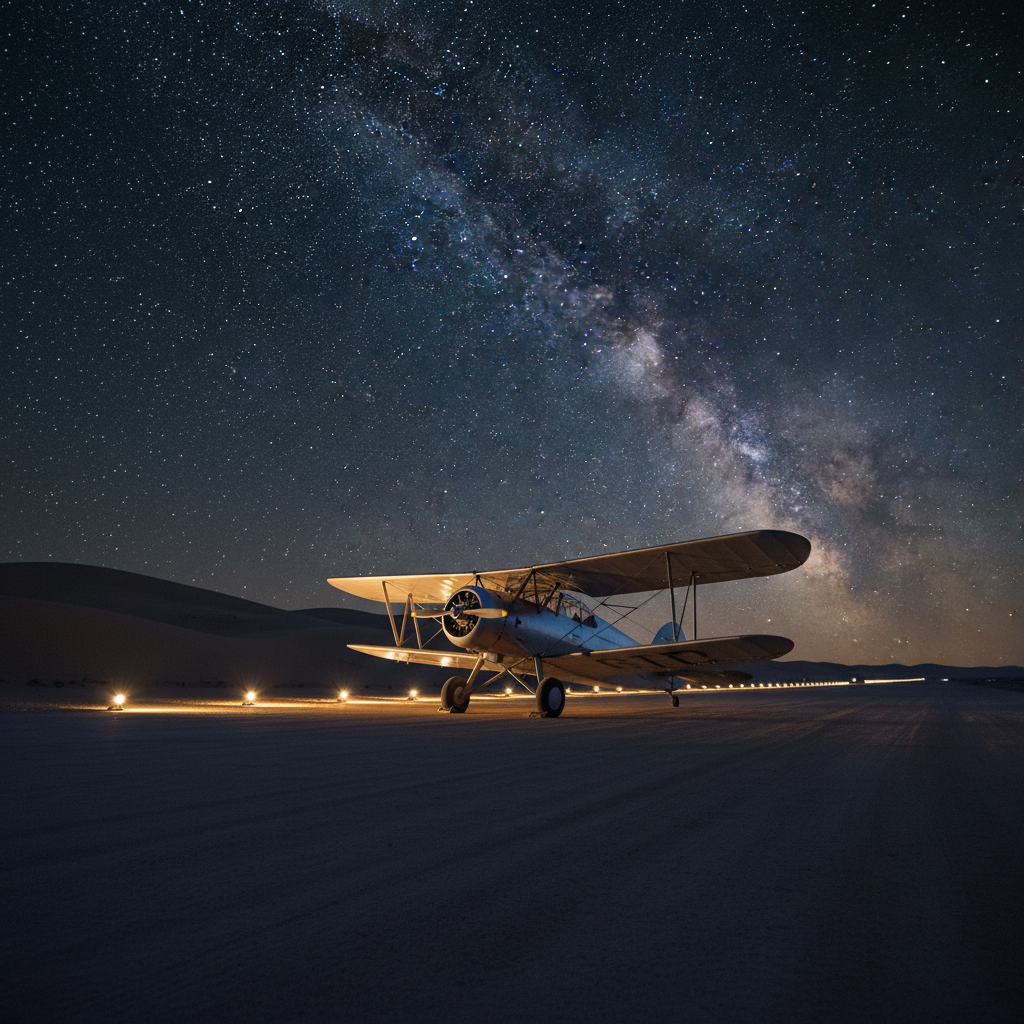 A dramatic nighttime scene of a Latécoère-style airfield on the edge of a North African desert, captured in high-resolution photographic realism. A single vintage aircraft rests on a compacted sand runway, its metallic surfaces catching reflections from a row of low, warm-toned hangar lights. In the distance, dunes form dark, undulating silhouettes, while a clear sky reveals a sweep of stars and a faint Milky Way. The lighting is low and cinematic, with a strong contrast between pools of golden artificial light and deep blue shadows. Shot from a low angle, the aircraft dominates the foreground while the starry sky fills the upper frame. The mood is contemplative and slightly mysterious, evoking the solitude and determination of long-distance night flights along the historic route.