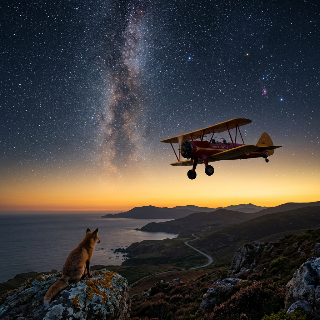 Vintage red and yellow biplane flying over coastal hills at twilight with a fox sitting on a rock